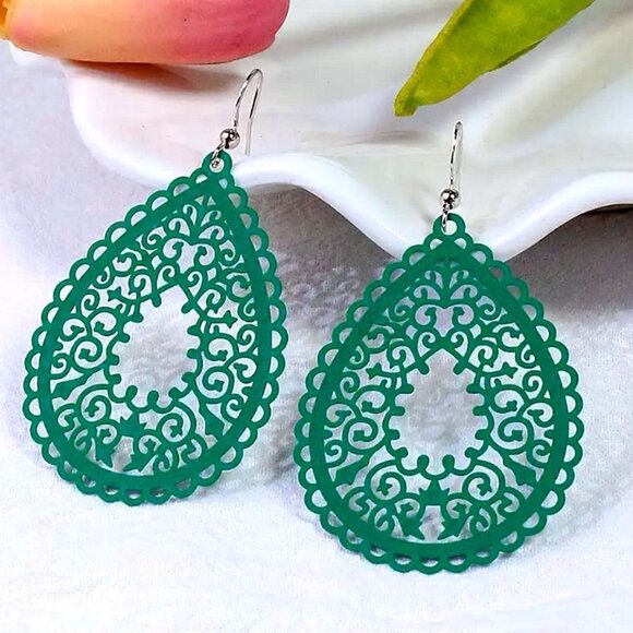 Ophelia Filigree Teardrop Water Drop Dangle Earrings Pine Green Gift Packaged - Picture 3 of 8